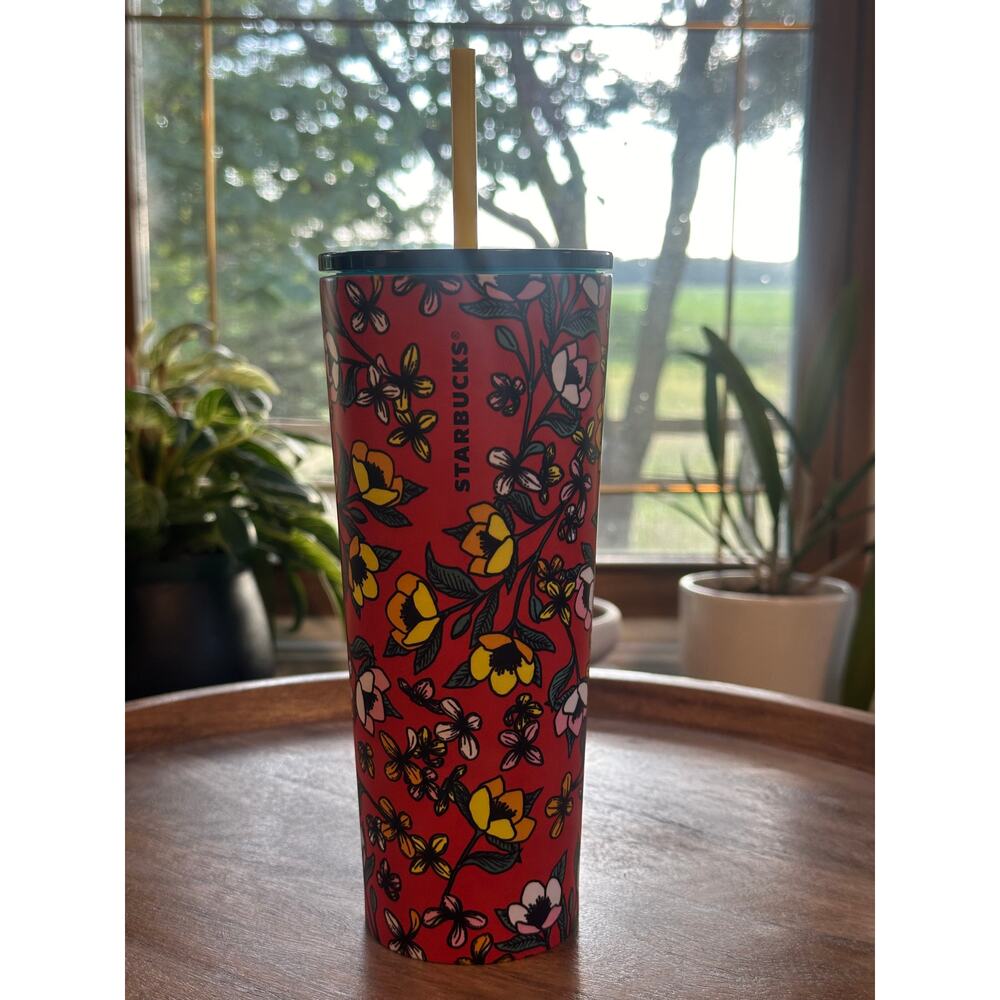 Starbucks 2018 24 oz Stainless Steel Tumbler Red Yellow Poppy Floral RARE